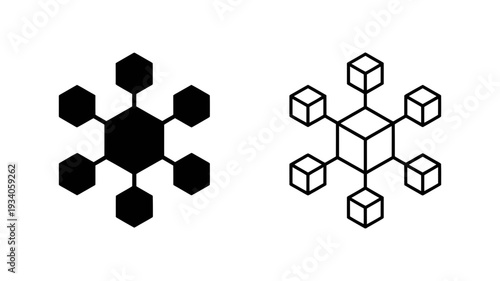 A central cube connected to six surrounding cubes, representing a network, blockchain, or decentralized system.