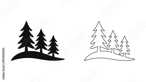 A simple graphic representation showing a cluster of three distinct evergreen trees in both solid and outline styles.