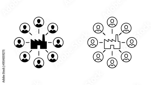 A central factory icon surrounded by a network of diverse people symbols, illustrating industrial human resources.