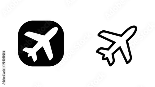 A simple airplane icon representing travel, flight, and aviation, presented in solid and outline variants.