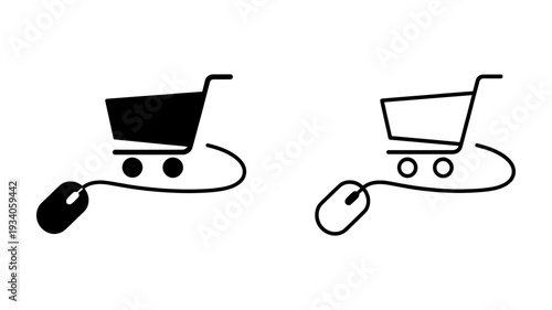 A shopping cart is connected by a line to a computer mouse, symbolizing online purchasing and e-commerce transactions.