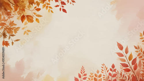 Autumn watercolor leaves background with copy space, Fall foliage border on warm textured paper, Elegant autumnal botanical frame for invitation, Minimalist fall season nature background banner