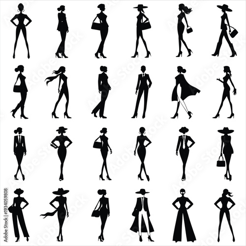 Elegant female silhouettes in sophisticated fashion, business and casual styles, vector collection.