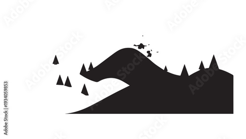 Silhouette Landscape of a Cresting Wave Meeting a Rocky Shore with Distant Hills and Trees.