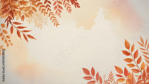 Autumn watercolor maple leaves background with copy space, Fall foliage frame for thanksgiving and seasonal greeting card, Vibrant orange and red maple leaf border on textured background