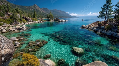 Tranquil lake view with turquoise water and mountain backdrop under blue sky