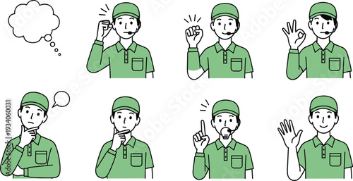 Customer service operator gestures set with headset, support and communication concept, flat vector illustration isolated on white background