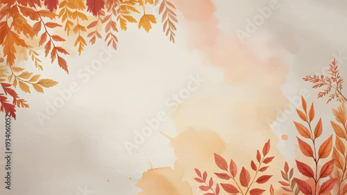 Autumn Watercolor Leaves Background With Copy Space, Fall Foliage Border On Warm Textured Watercolor Paper, Elegant Autumnal Botanical Frame For Thanksgiving Invitation, Minimalist Fall Season Nature 