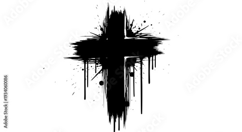 Cross grunge symbol with splattered paint effect and drips featuring black, christian, faith with religion and splatter