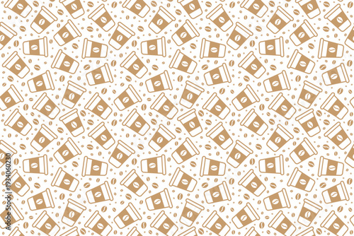 Coffee Cup Seamless Pattern With Takeaway Cups And Coffee Beans Background Vector