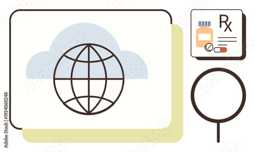 Healthcare systems, digital pharmacology, medical technology, global connectivity, telemedicine, patient services. Cloud with globe icon, magnifier and prescription visuals. Healthcare systems