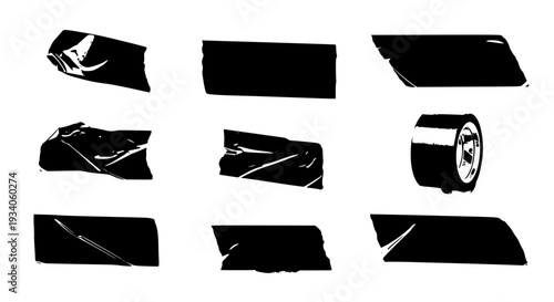 Tape pieces set with crumpled and torn edges and rolls featuring adhesive, sticky, masking with duct and black elements