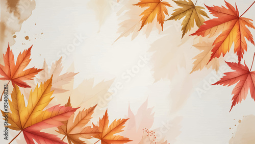 Autumn Watercolor Foliage Border With Copy Space, Fall Season Leaves Background For Thanksgiving Invitation, Elegant Watercolor Botanical Frame With Autumnal Leaves, Minimalist Fall Nature Background 