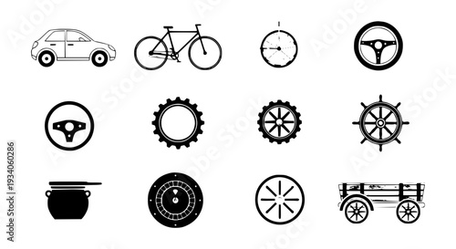 Transport icons set with vehicle and wheel designs featuring bicycle, car, gear with machinery and transportation