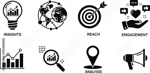 Business icons for insights, reach, engagement, and analysis