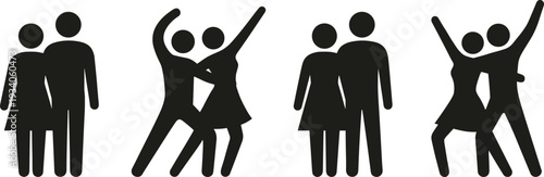 Happy couple silhouettes icon set, man and woman relationship symbols isolated on white background vector illustration collection