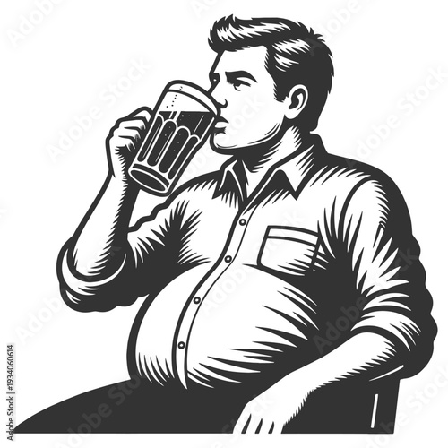 Fat belly man drinking beer sketch engraving generative ai fictional character vector illustration. Scratch board imitation. Black and white image.