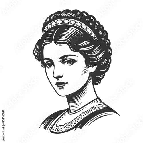 young woman in vintage attire with braided hair and headband, inspired by classic engraving art sketch engraving generative ai fictional character vector illustration. Scratch board. Black and white.