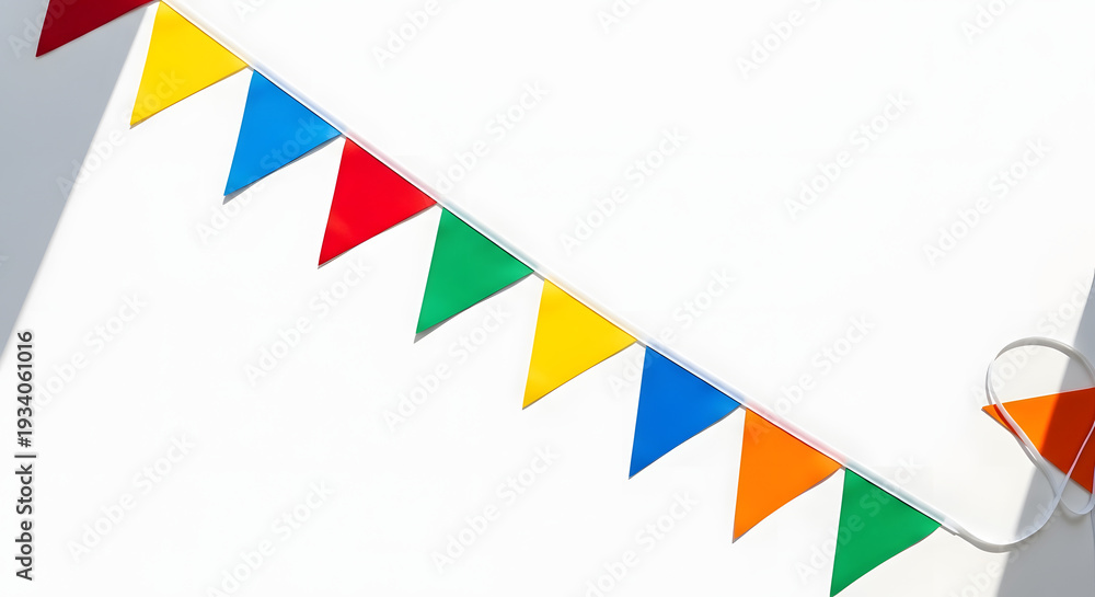 Obraz premium Colorful triangular pennant flags on a bright white background