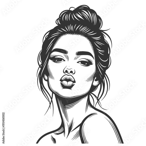 beautiful young woman blowing a kiss sketch engraving generative ai fictional character vector illustration. Scratch board imitation. Black and white image.