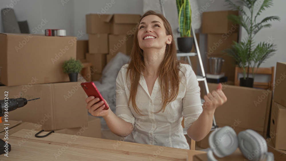 Fototapeta premium Woman holds smartphone during unpacking as moving boxes fill the room in new building; fresh start excitement.