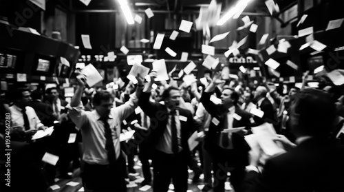 Black and white photo of chaos on the stock exchange during an economic collapse