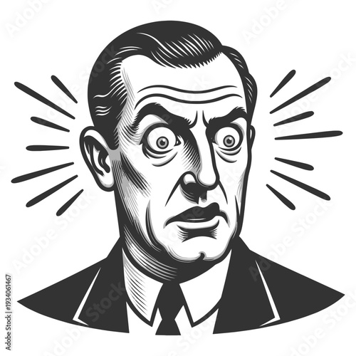 surprised businessman with wide eyes and dramatic expression, designed in classic engraving style sketch engraving generative ai fictional character vector illustration. Scratch board. Black and white