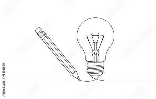 Light bulb and pencil in one continuous line drawing.