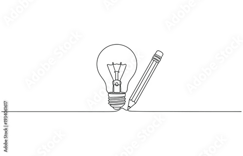 Light bulb and pencil in one continuous line drawing.