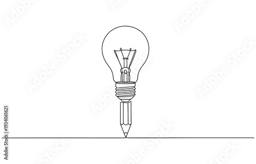 Light bulb and pencil in one continuous line drawing.