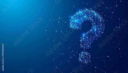 Futuristic glowing question mark with plexus lines connected dots and lines on blue background. for creative thinking idea and problem solving concept. 