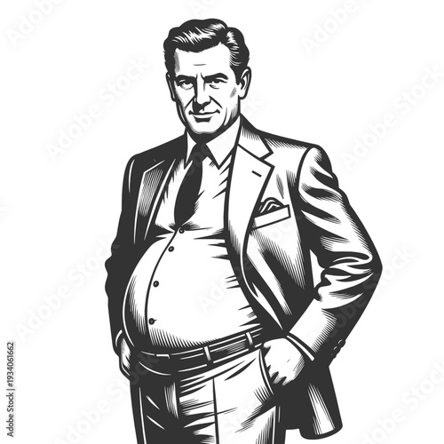 confident businessman with a large belly standing proudly sketch engraving generative ai fictional character vector illustration. Scratch board imitation. Black and white image.