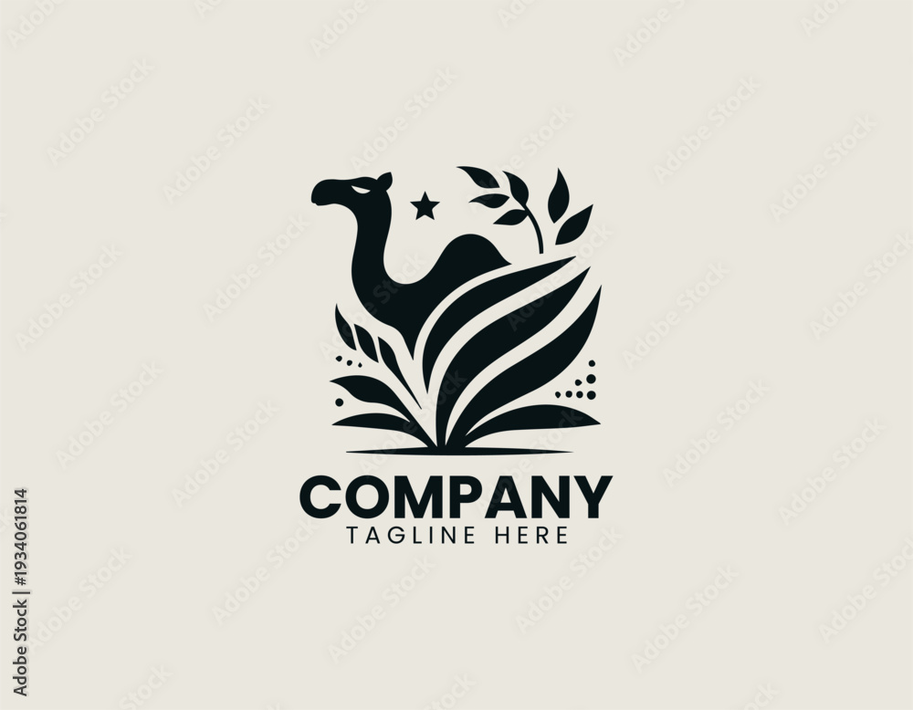 Obraz premium Camel silhouette with leaf grass and star elements is presented as bold monochrome vector logo on clean white background