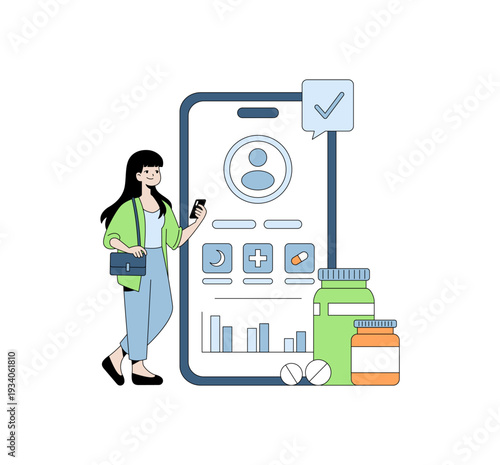 Woman Using Health App on Smartphone Vector Illustration