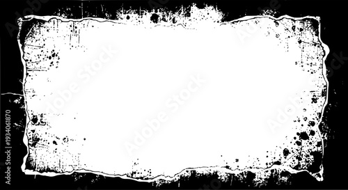 Frame grunge texture with black background and white border edges featuring distressed, worn, rough with dirty and stained elements for speckled,