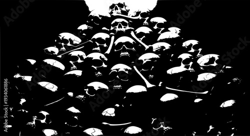 Skulls and bones set with white skeletal remains on black background featuring skeletons, death, mortality with contrast and graphic elements for