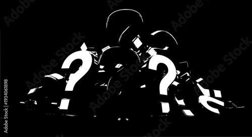 Question marks pile with black and white contrast design featuring graphic, symbol, mystery with confusion and puzzle elements for unknown, inquiry