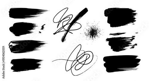 Brush strokes set with black paint and grunge scribbles featuring abstract art, expressive marks, hand drawn with vector graphics and illustration