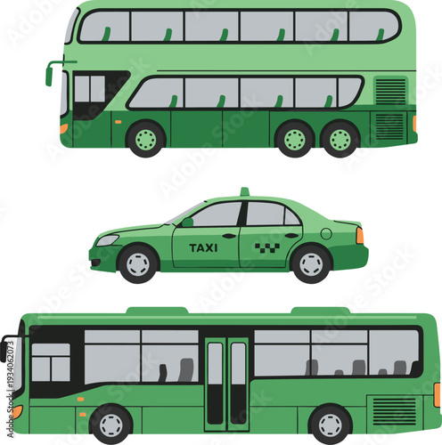 Public transport vehicles illustration, double decker bus taxi city transit vector isolated on white background