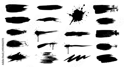 Brush strokes set with black ink splatters and textures featuring paint splashes, artistic elements, abstract art with design resources and graphic