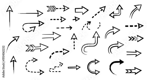 Arrows set with various styles and directions featuring arrowheads, pointers, navigation with pointing and hand drawn