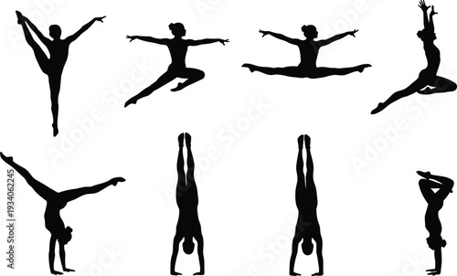 Gymnastics and ballet dancer silhouettes collection, athletic women performing jumps splits and handstands isolated on white background vector illustration