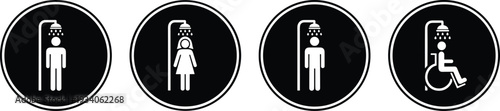 Accessible shower sign icon set featuring male, female and wheelchair symbols, black and white bathroom hygiene vector illustrations isolated on white background