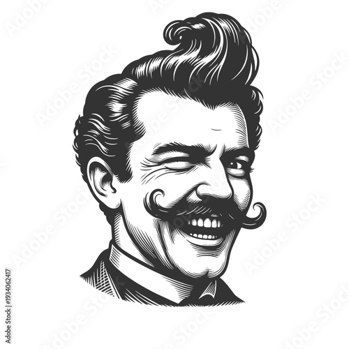 winking man with curled mustache and stylish hair sketch engraving generative ai fictional character vector illustration. Scratch board imitation. Black and white image.