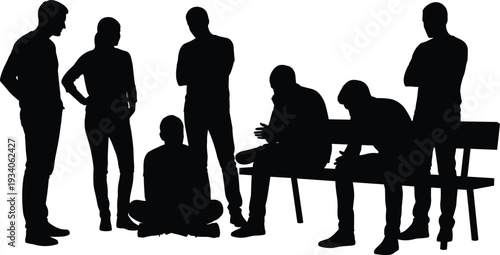 group of young people silhouettes talking sitting standing park bench, social interaction friends discussion, teamwork communication concept vector illustration isolated