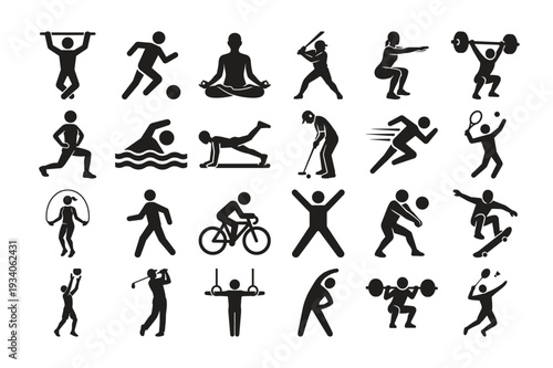 Bundle of monochrome sports silhouette icons showing different fitness workouts athletic exercises and competitive games vector illustration