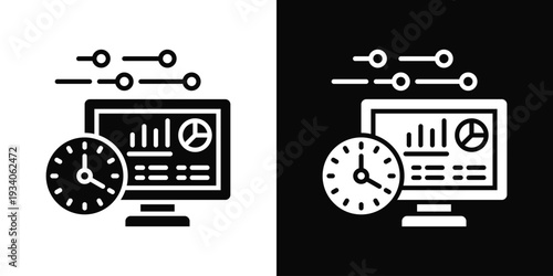 Real Time Data Icon In Black And White Filled Style.