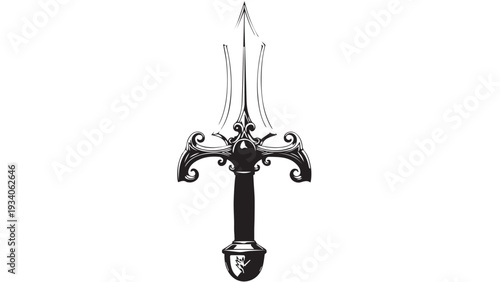 Ornate Gothic dagger sword with intricate crossguard and pointed blade illustration.