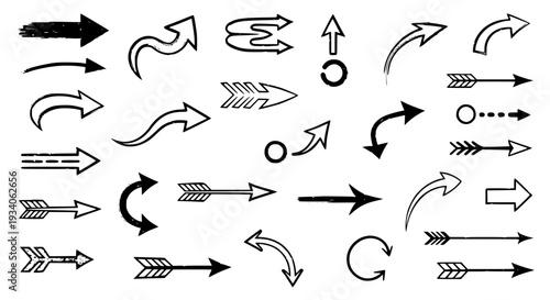 Arrows hand drawn set with black curved lines and various styles for design use featuring vector, illustration,