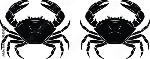 Black Crab Silhouette Set, Detailed Marine Seafood Illustration of Two Crustaceans Isolated on Light Background for Logo, Tattoo, Packaging and Design